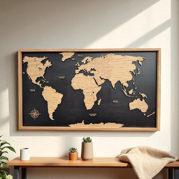 Personalized Wooden Laser Cut World Map – Functional Wall Art for Travelers