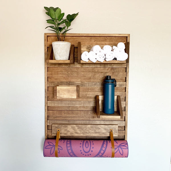 VERTICAL Stationary bike shelf - indoor bike shoe holder - home gym storage - towel and water bottle shelf - indoor cycling organizer
