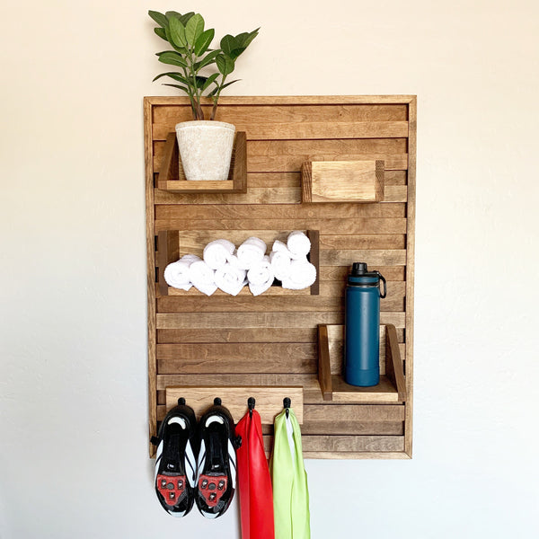 VERTICAL Stationary bike shelf - indoor bike shoe holder - home gym storage - towel and water bottle shelf - indoor cycling organizer