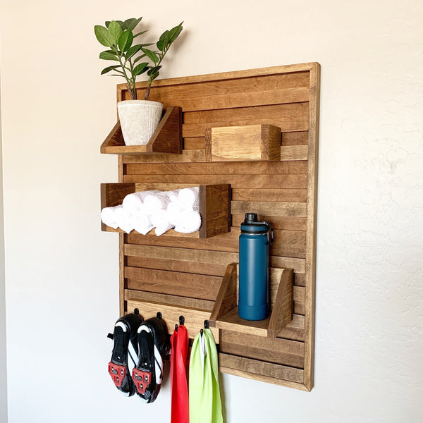 VERTICAL Stationary bike shelf - indoor bike shoe holder - home gym storage - towel and water bottle shelf - indoor cycling organizer