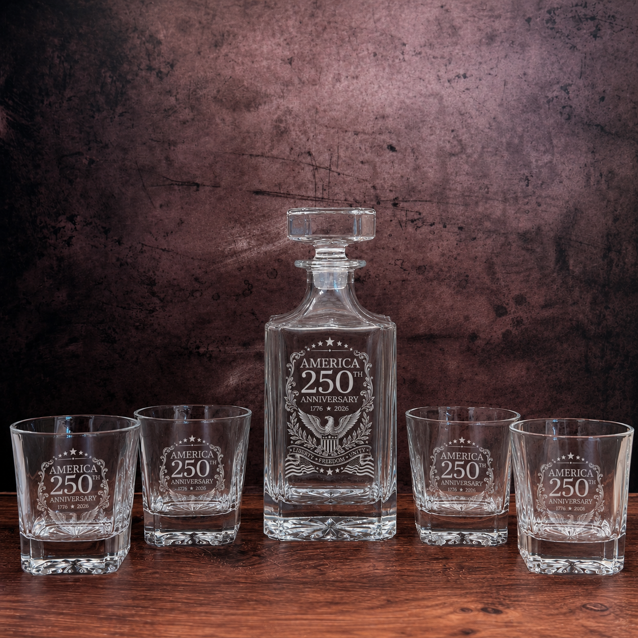 America 250th Anniversary whiskey decanter gift set with four glasses