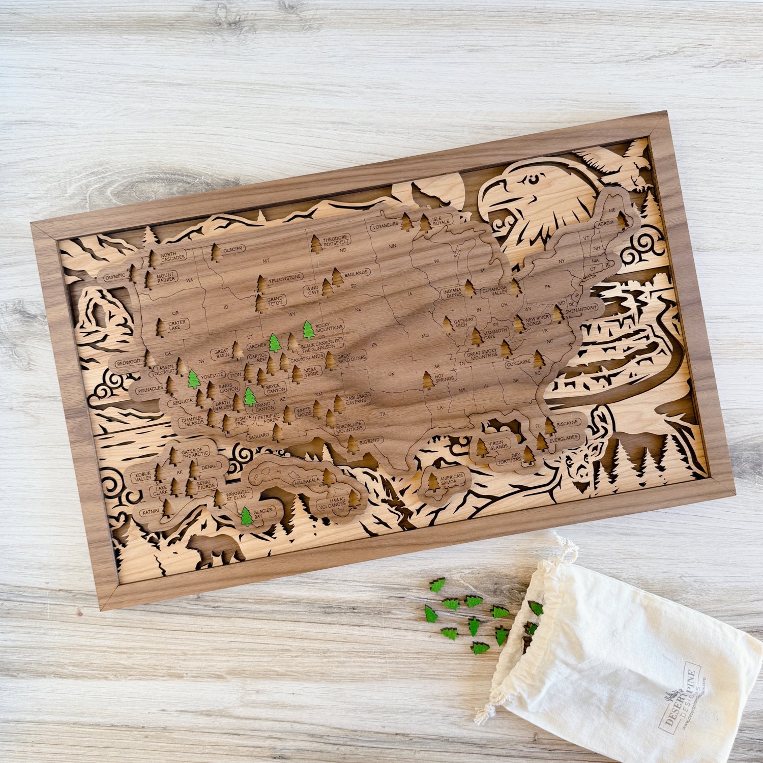 National Parks travel map laser engraved wood with all 63 parks