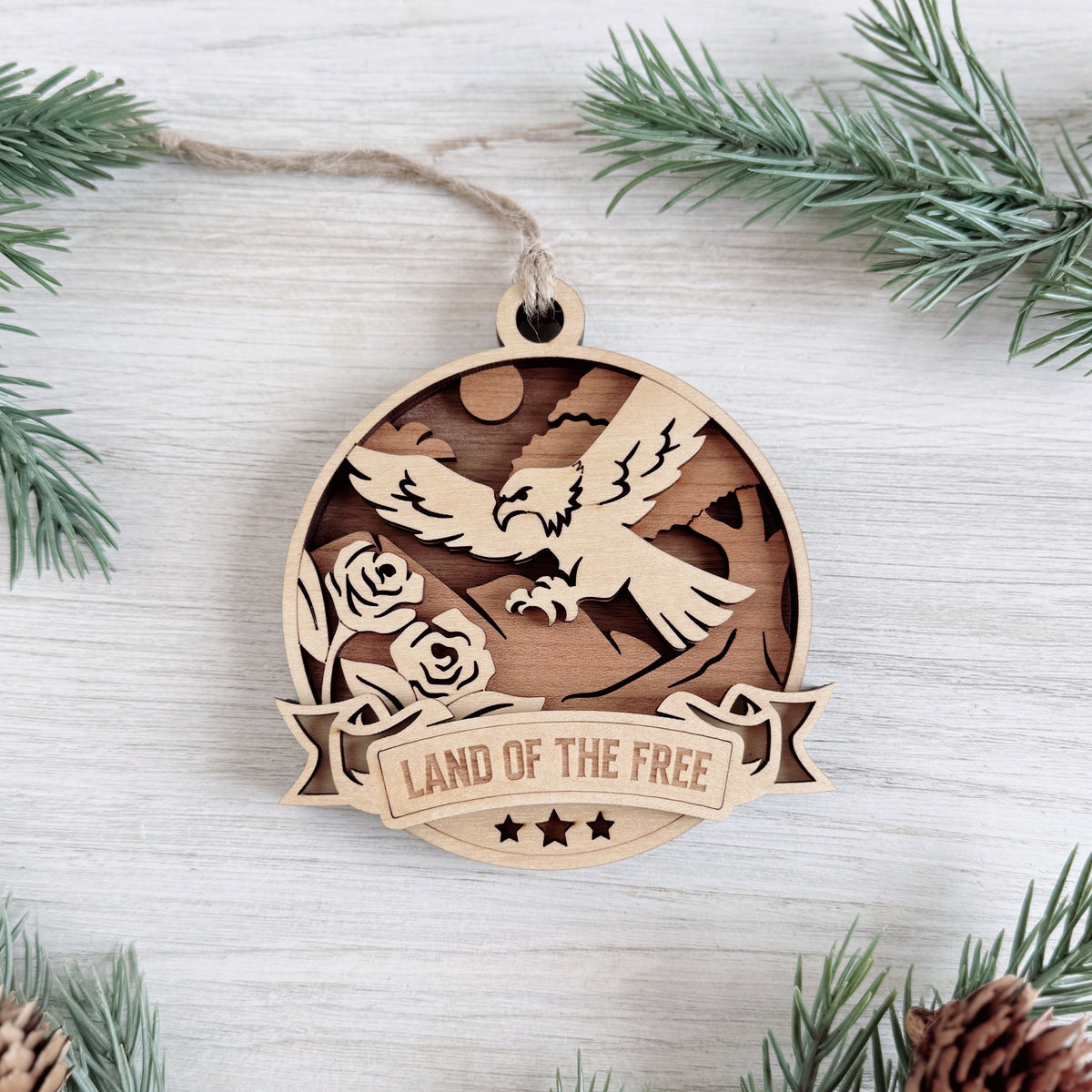 Land of the Free patriotic ornament with soaring eagle laser cut wood