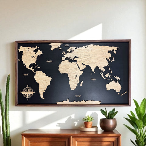 Personalized Wooden Laser Cut World Map – Functional Wall Art for Travelers