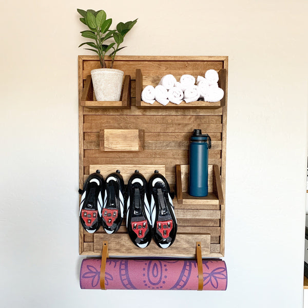 VERTICAL Stationary bike shelf - indoor bike shoe holder - home gym storage - towel and water bottle shelf - indoor cycling organizer